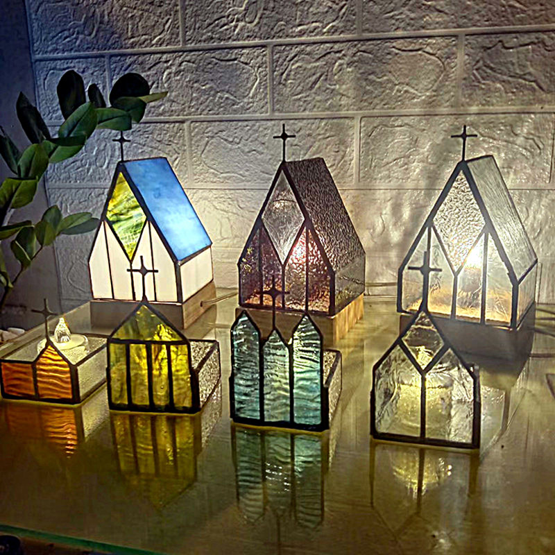 欧式床头复古台灯卧室睡眠夜灯创意禅意教堂手工玻璃摆件电子灯珠