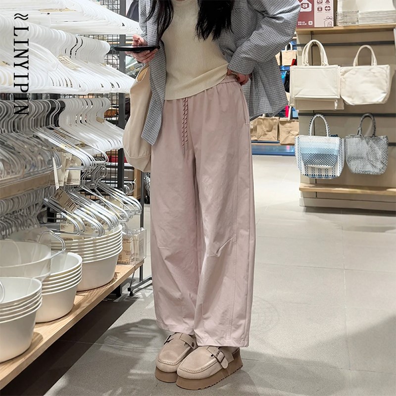 大码日系复古粉色裤子女2025新款小个子九分阔腿裤春季胖mm工装裤