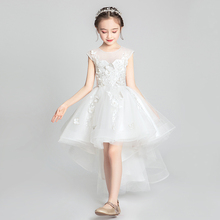 儿童婚纱女童晚礼服小孩花童公主裙蓬蓬纱白色拖尾走X秀演出服高