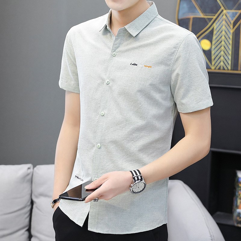夏季衬衫男短袖韩版修身纯色衬衫帅气男装商务正装免熨烫抗皱寸衫