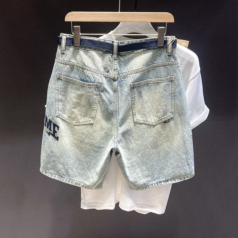 夏季复古做旧破洞牛仔短裤男士韩版潮牌刺绣重磅水洗宽松五分中裤,男装,牛仔裤,淘宝优惠券,粉丝福利购,淘宝优惠卷