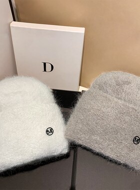 兔毛大头围字母毛线帽子t女秋冬季时尚白色保暖护耳针织帽套头冷