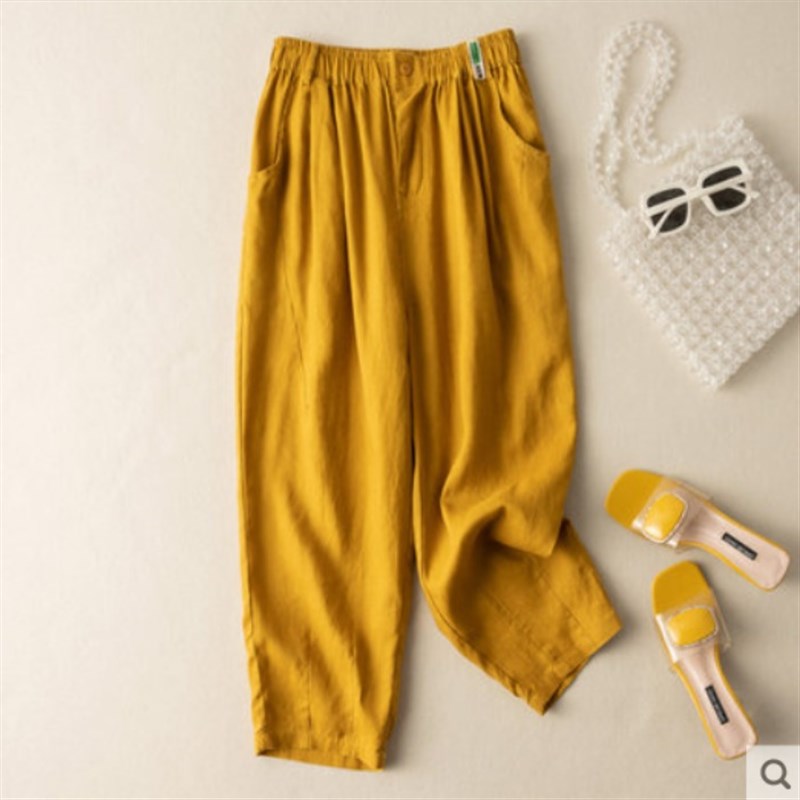 时尚休闲亚麻老爹哈伦裤2025春夏季新款女装妈妈宽松棉麻九分裤子