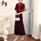 旗袍妈妈装 婚宴礼服平时可穿轻奢喜婆婆敬酒服两件套外披丝绒裙子