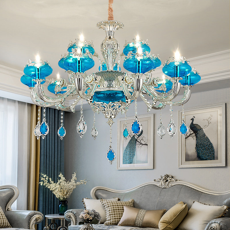 欧式客厅吊灯奢华大气卧室饭厅灯锌合金蓝色水晶复式楼陶瓷银色灯,家装灯饰光源,客厅吊灯,淘宝优惠券,粉丝福利购,淘宝优惠卷