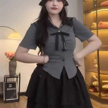 大码微胖纯欲套装女夏季胖mm显瘦学院风制服控jk上衣半身裙两件套