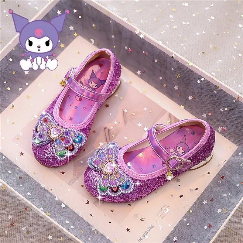 2025库洛米小公主高跟鞋紫色闪闪鞋软底女孩新款单鞋儿童鞋水晶鞋