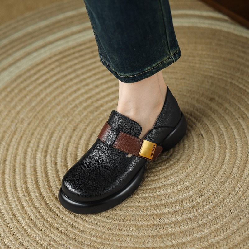 2025春新款真皮厚底黑色英伦风小皮鞋女坡跟松糕底皮带扣懒人单鞋