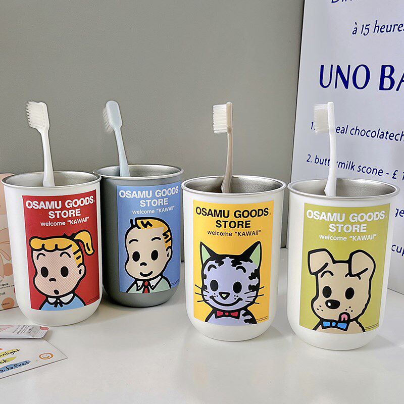 日系简约不锈钢刷牙水杯情侣牙刷杯原田治学生宿舍漱口杯创意家用