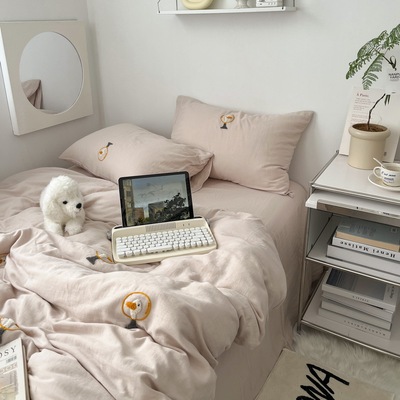 鹅教授柔软双层纱全棉四件套 毛巾绣纯棉床单床笠4件套单人三件套