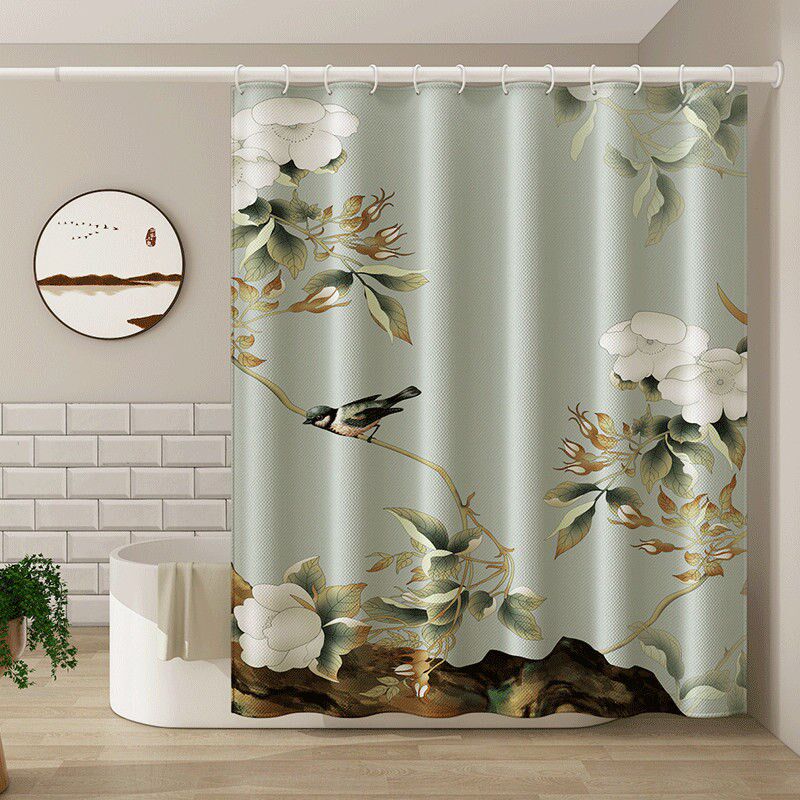 中国风免打孔浴帘加厚防水防霉浴帘布浴室隔断帘窗帘门帘浴帘套装