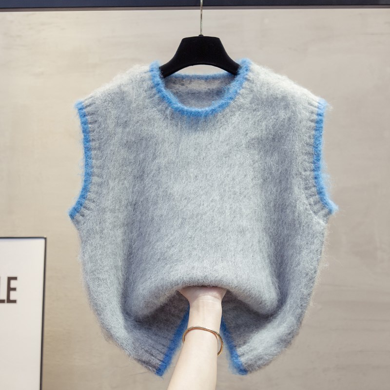 拉绒圆领针织马甲背心女2025春秋新款宽松外穿马夹叠穿毛衣坎肩