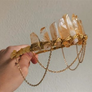 天然黄水晶搭配黄水晶碎石太阳配件手工金色链条新娘头饰发箍