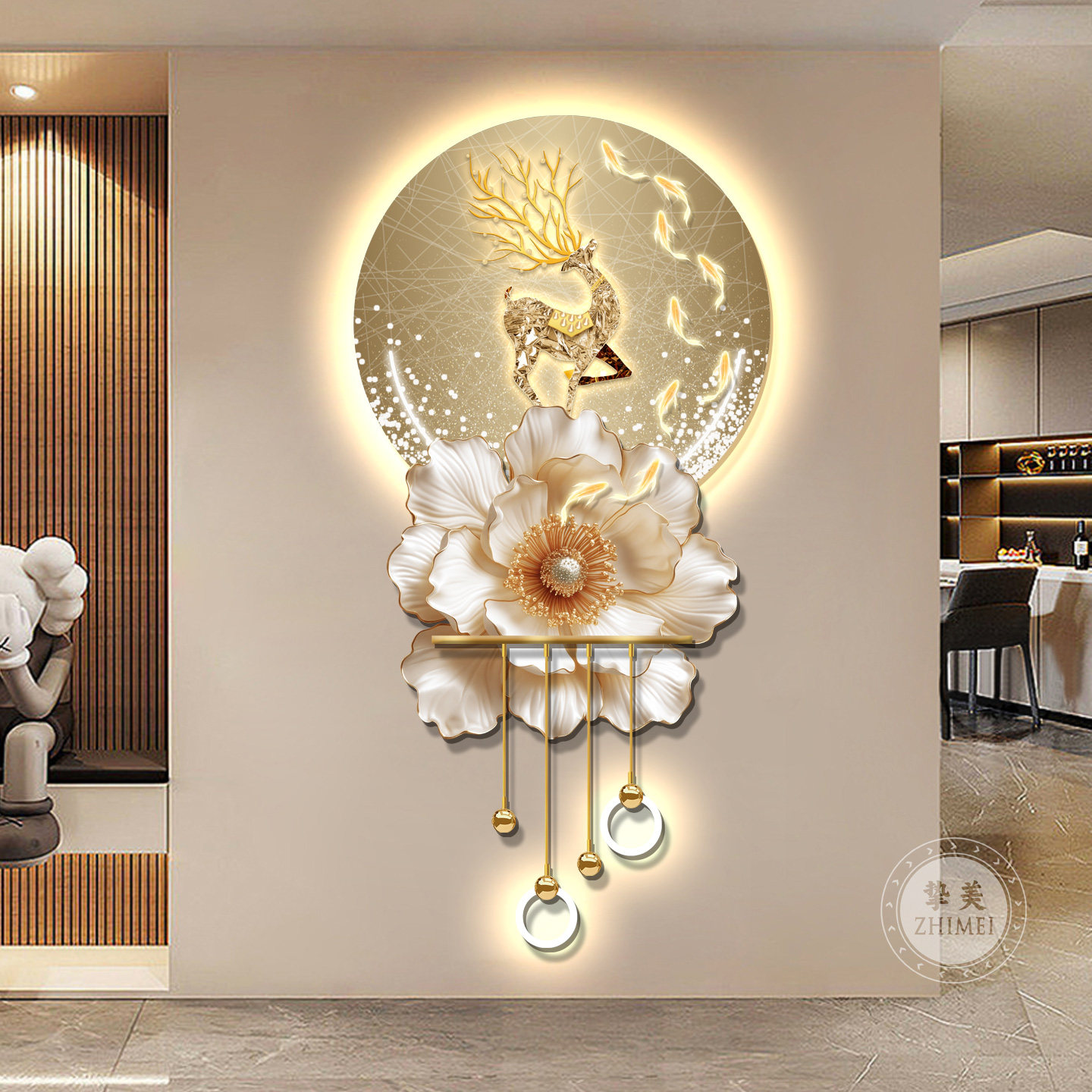 2025新款轻奢玄关装饰画高级感立体壁灯画入户走道挂画福鹿九鱼图