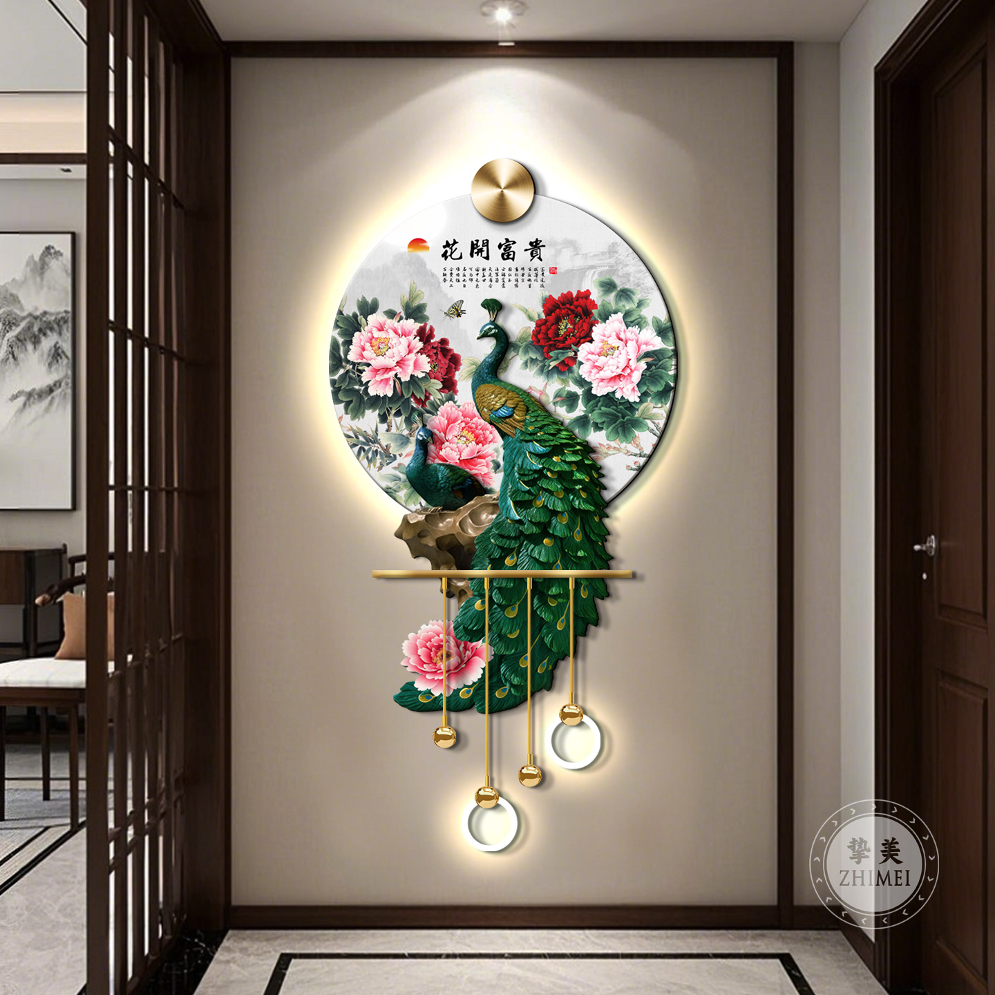 现代轻奢孔雀玄关装饰画寓意好LED灯光挂画走廊立体发光艺术壁灯图片