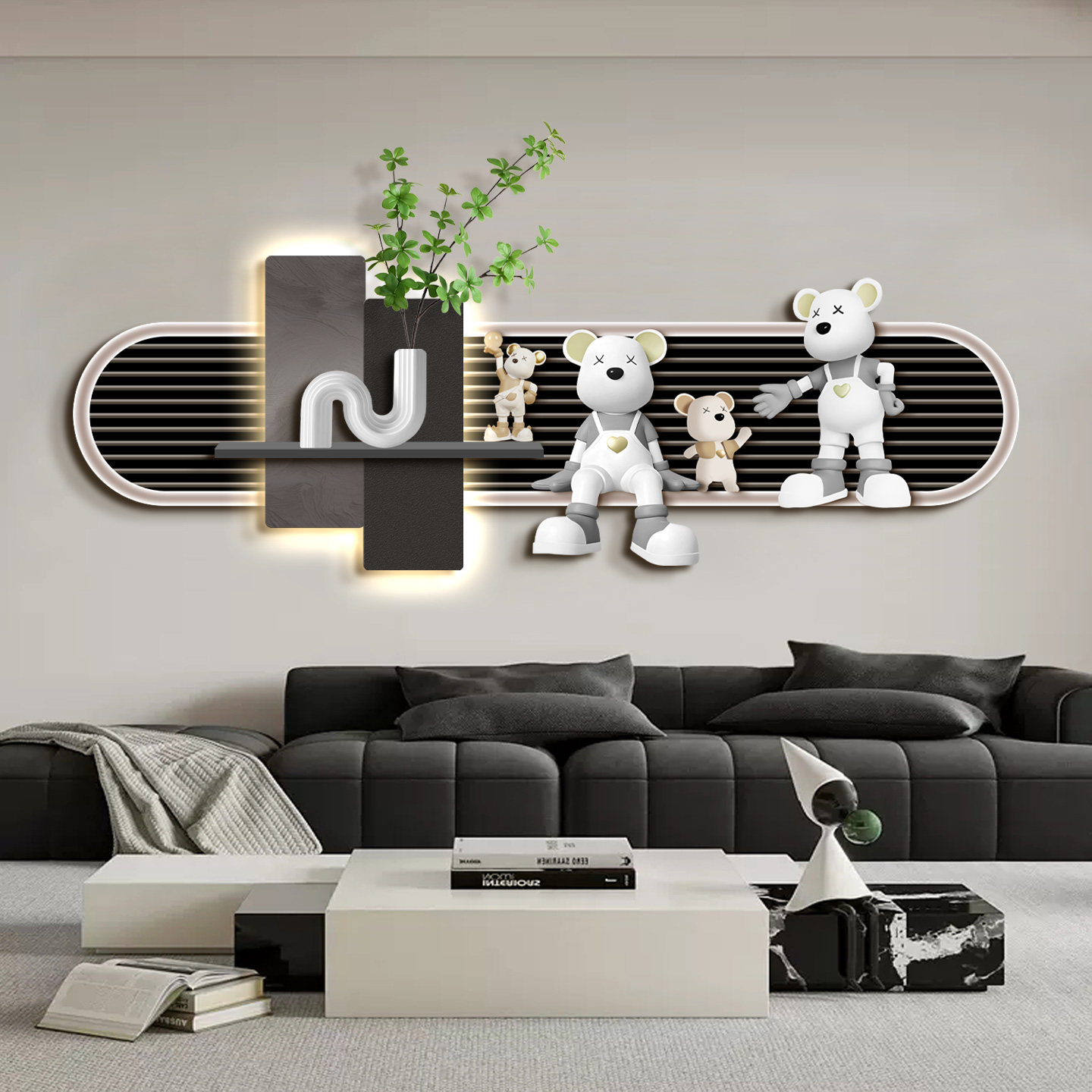 潮牌客厅装饰画抽象公仔沙发背景墙壁挂画高级感暴力熊卧室灯光画