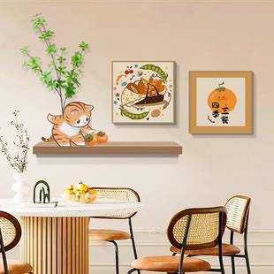 原木风招财猫餐厅墙面装饰多巴胺客厅沙发背景墙壁画餐桌玄关挂画