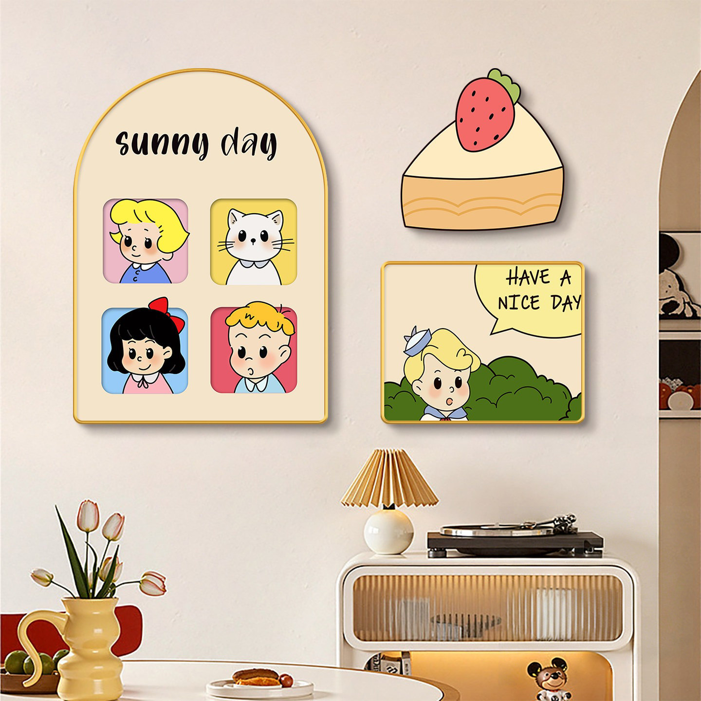 原田治多巴胺餐厅装饰画奶油风饭桌背景墙面挂画小众卡通组合壁画