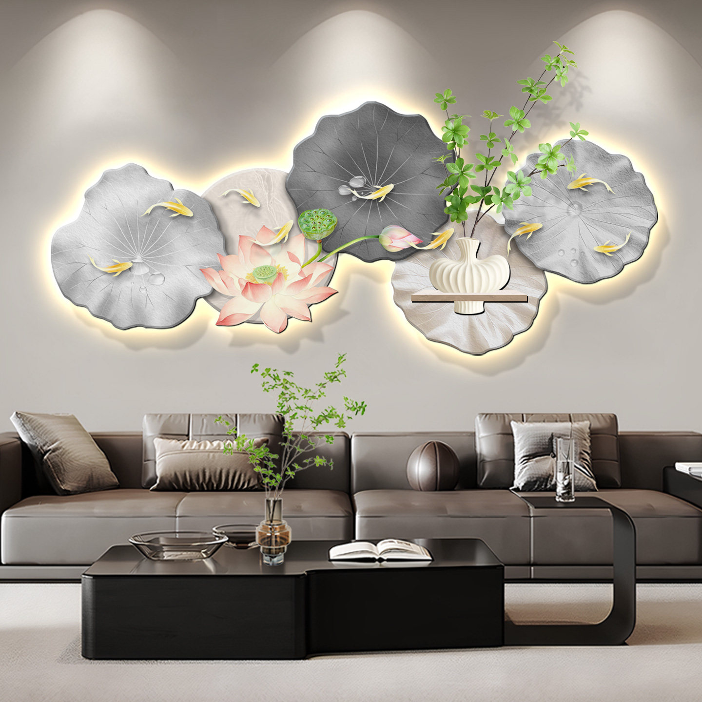 轻奢高级感荷花客厅装饰画新中式九鱼聚财图沙发背景墙壁带灯挂画