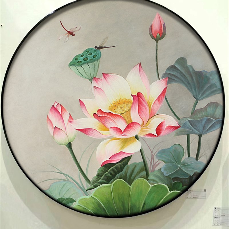 新中式荷花纯手绘进门入户壁画玄关装饰画客厅沙发背景圆形挂画图片