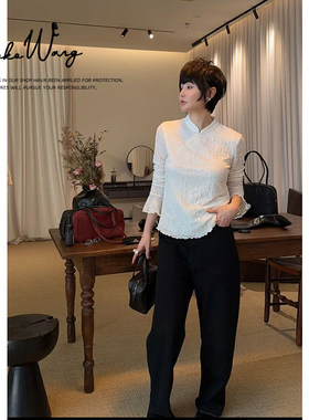 KOKO WANG【雾织语】秋冬法式喇叭袖修身中式蕾丝上衣N0685J27CS4