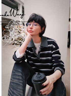 KOKO WANG秋冬毛衣110支羊毛polo领条纹针织羊绒衫N7515I24Z02