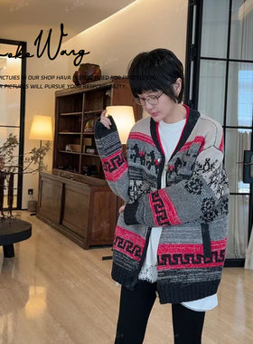 KOKO WANG 秋冬圣诞氛围感复古撞色100羊毛针织开衫 N0015K22W04