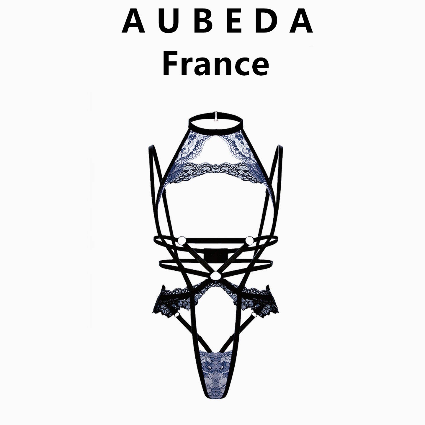 法国 Aubeda 性感蓝色视觉蕾丝文胸套装少女花边细带雾霾挂脖制服