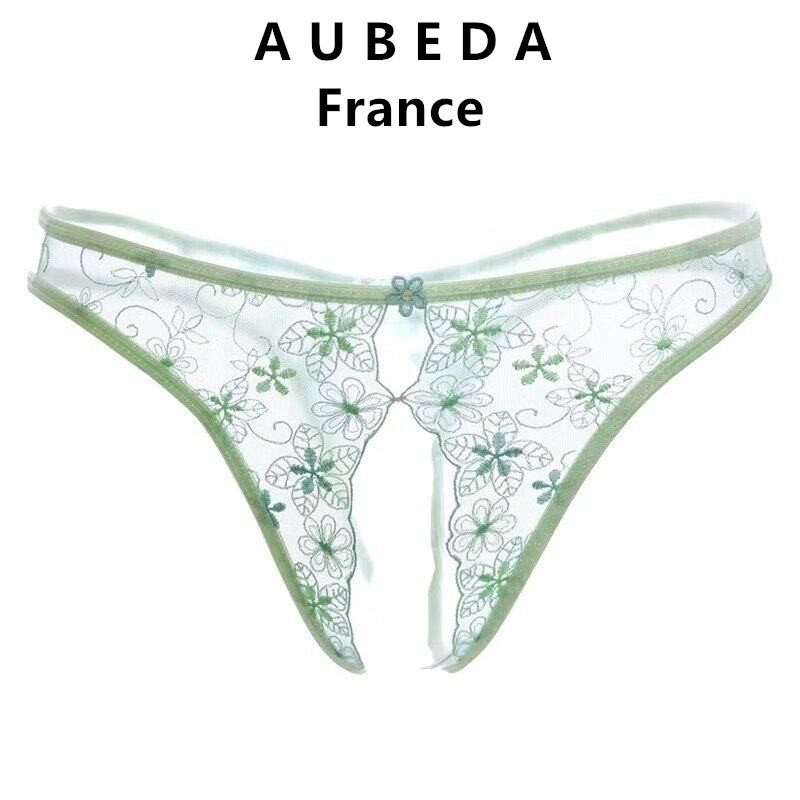 法国 Aubeda 法式小清新性感少女内裤蕾丝刺绣透视网纱开裆丁字裤