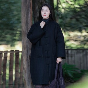 棉服 復古中式 黑色對襟夾棉女式 中長款 國潮禪意W手工盤扣棉袍 冬季