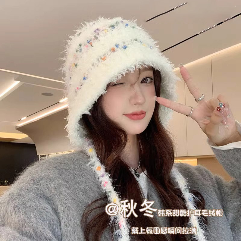 彩色甜酷针织帽子女m秋冬季加厚大头围护耳毛绒帽保暖加绒毛线帽