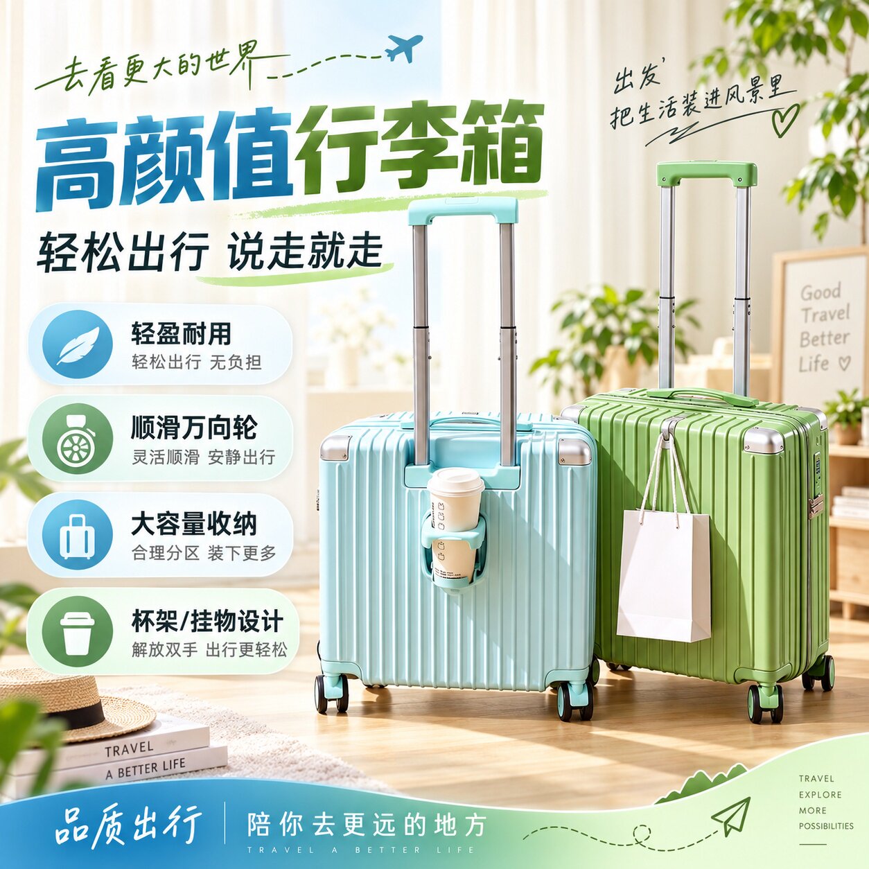 高颜值静音万向轮登机箱带杯架