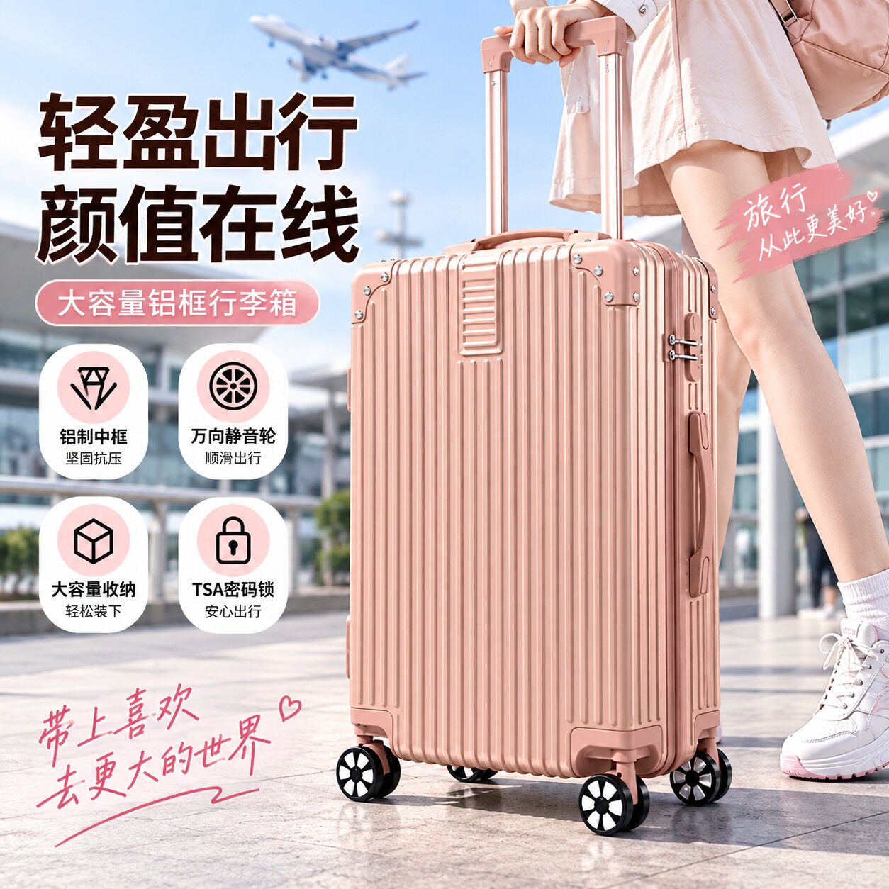 玫瑰金铝框静音轮大容量拉杆箱