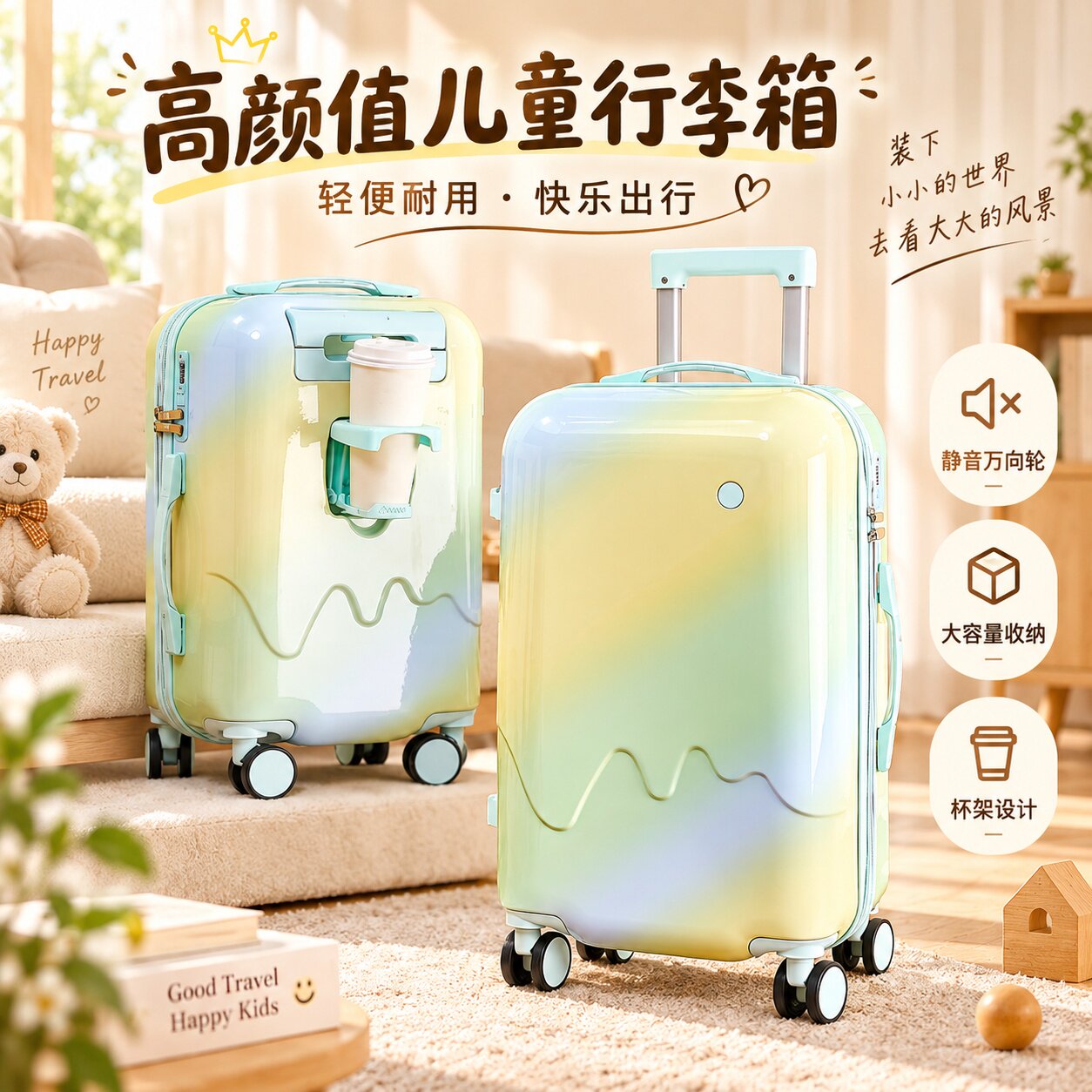 卡通儿童可坐人拉杆箱带杯架