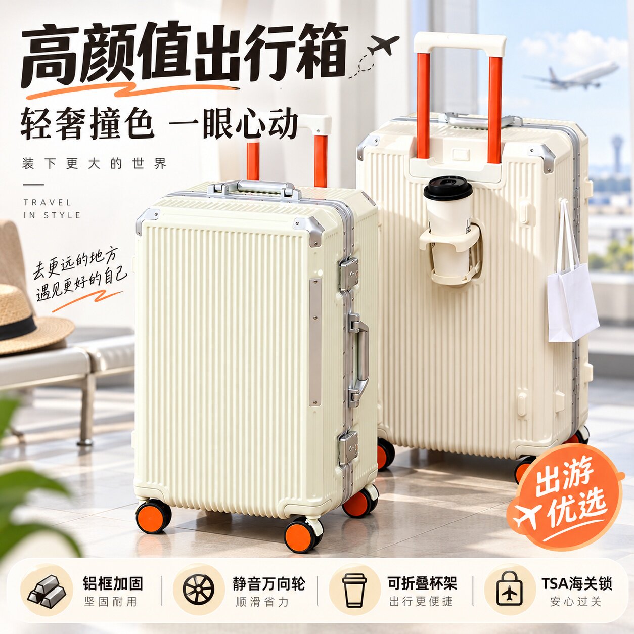 轻奢撞色铝框TSA锁万向轮行李箱