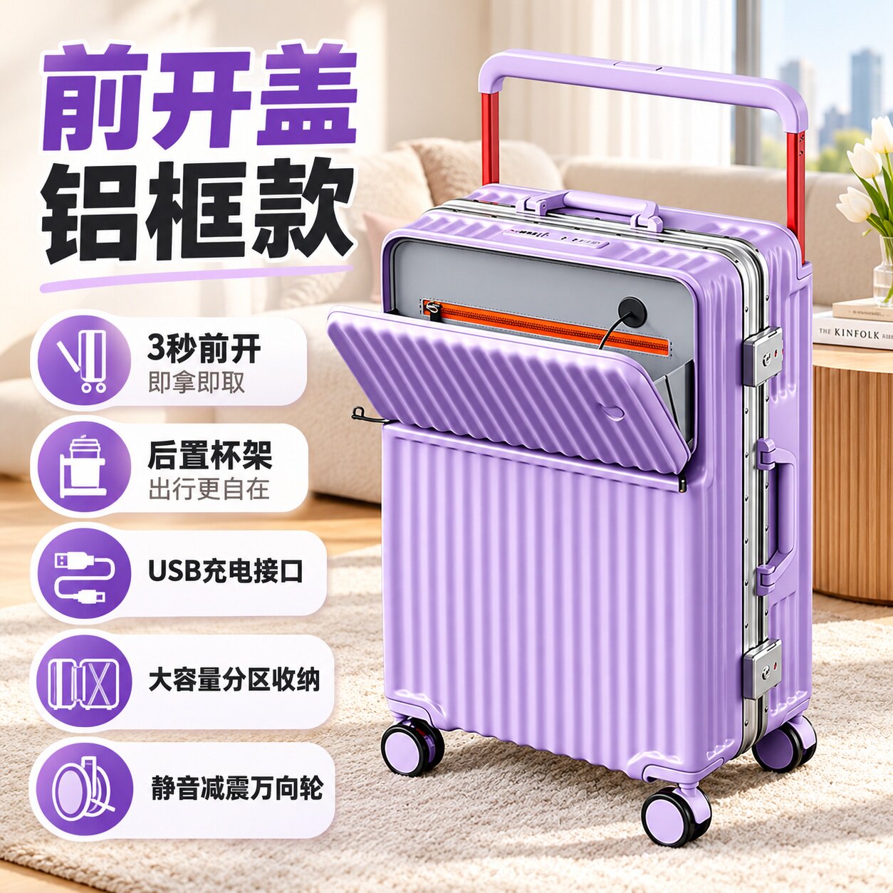 铝框前置开口大容量学生行李箱