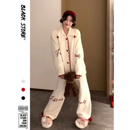 韩版可爱少女半边绒睡衣女冬季加绒加厚针织开衫长T裤家居服套装