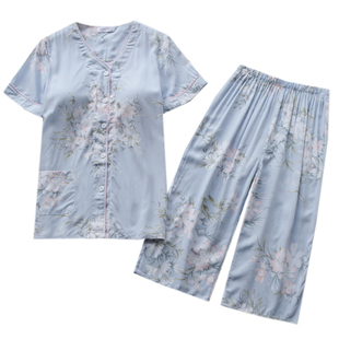 长裤 小清新带胸垫睡衣l女夏季 七分裤 薄款 家居服套 人y造棉绵绸短袖