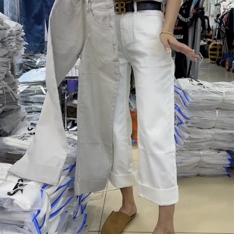 白色高腰九分直筒牛仔裤女夏季薄款大码宽Q松显瘦直筒阔腿裤子