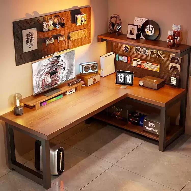 实木转角电脑桌台式卧室家用电竞桌子书桌书架一体拐角办公桌L型