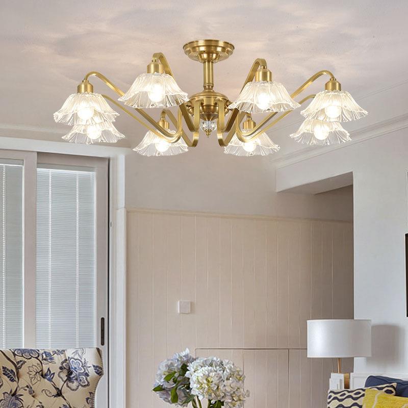 美式复古全铜客厅灯半吸顶简约轻奢餐厅书房灯花朵主卧室房间吊灯