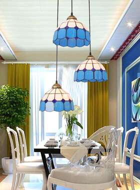 地中海风格蓝色简约温馨客厅卧室书房餐厅灯儿童房灯玻璃3头吊灯