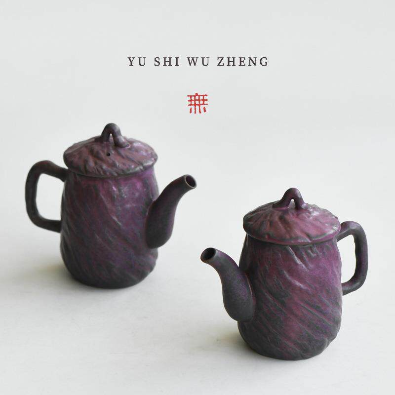 暮山紫粗陶茶壶 创意手作刷痕釉泡茶壶玄纹壶 陶瓷仿古正把执壶