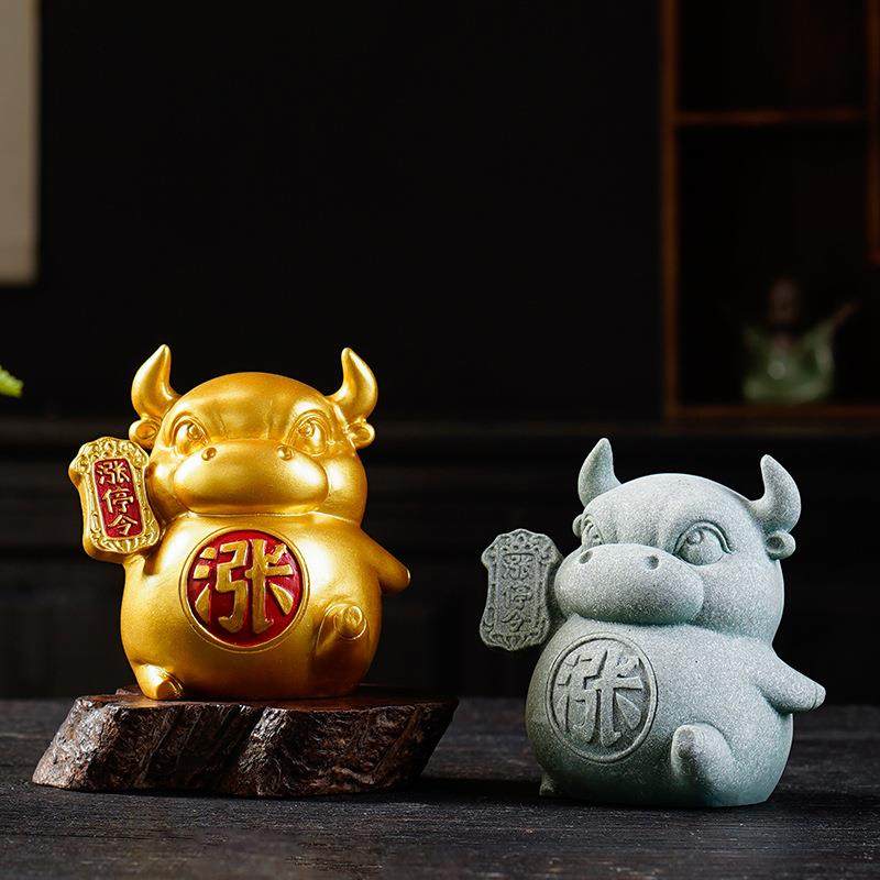 青砂石生肖牛桌面精品茶宠摆件国风新中式家居装饰品吉祥物瑞兽