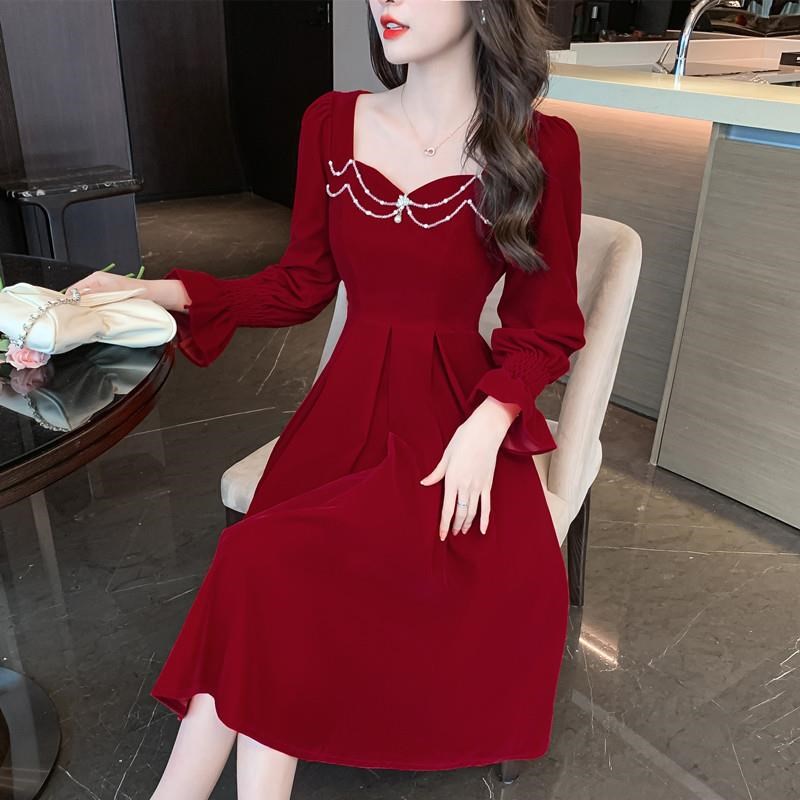 敬酒服新娘回门便装红色订u婚赫本红裙平时可穿长袖结婚小晚礼服