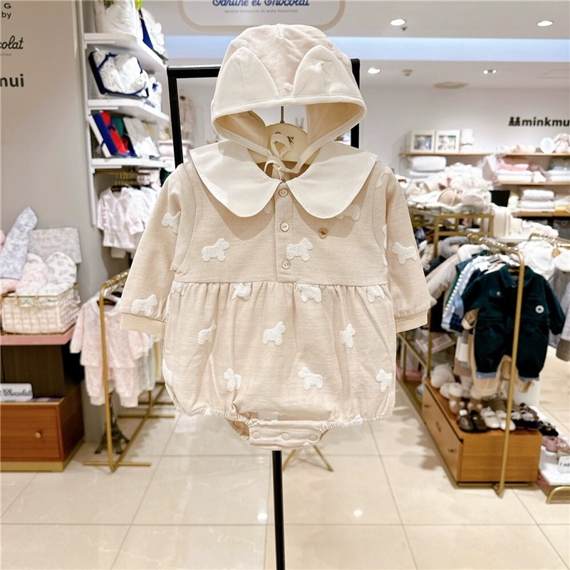 韩国童装 25春新款男女宝毛巾绣提花F翻领可爱连体衣爬服哈衣+帽