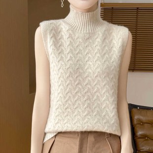 坎肩 毛衣背心宽松羊毛衫 半高领扭花100%纯羊绒马甲女24C秋款 无袖