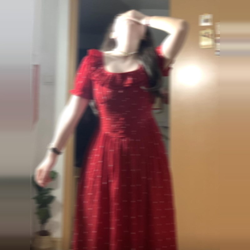 法式复古方领红色波点碎花连衣裙子女装夏季2025新款绝美收腰长裙