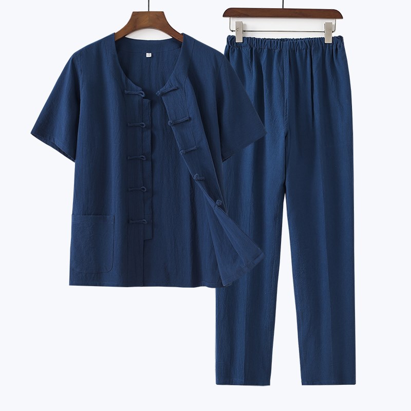 夏季薄款圆领无领短袖套装中国风男士唐装半袖衬衫中式纯棉汉服