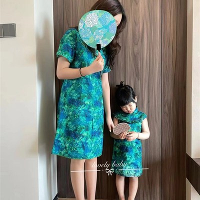 新款亲子装女童绿色短袖旗袍儿童中国风中L小童妈妈母女连衣裙碎